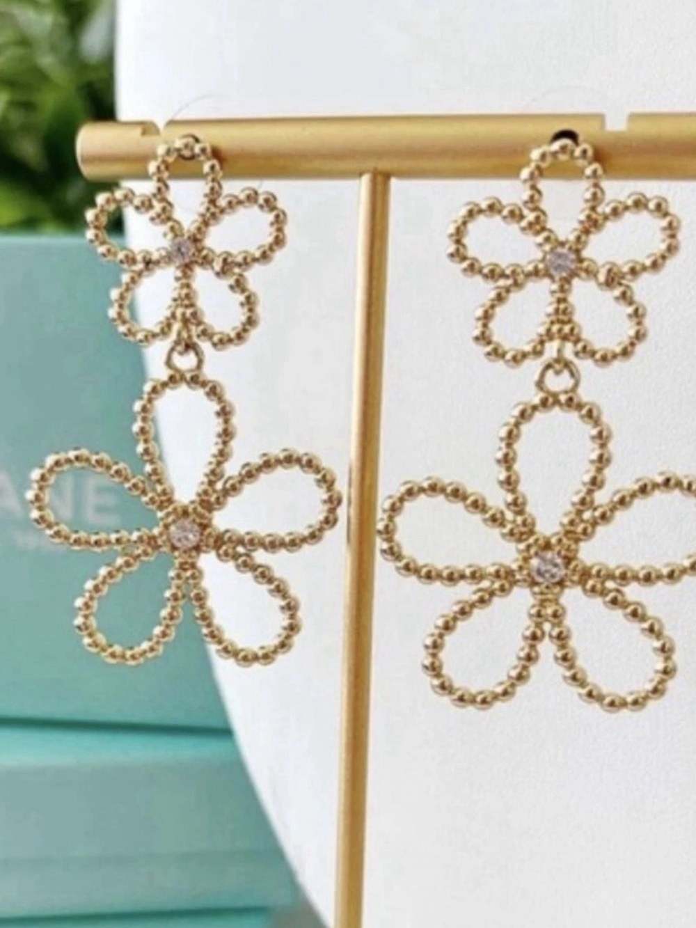Double Daisy Gold Floral Drop Earrings - Crystal Accent Long Light Weight 2”